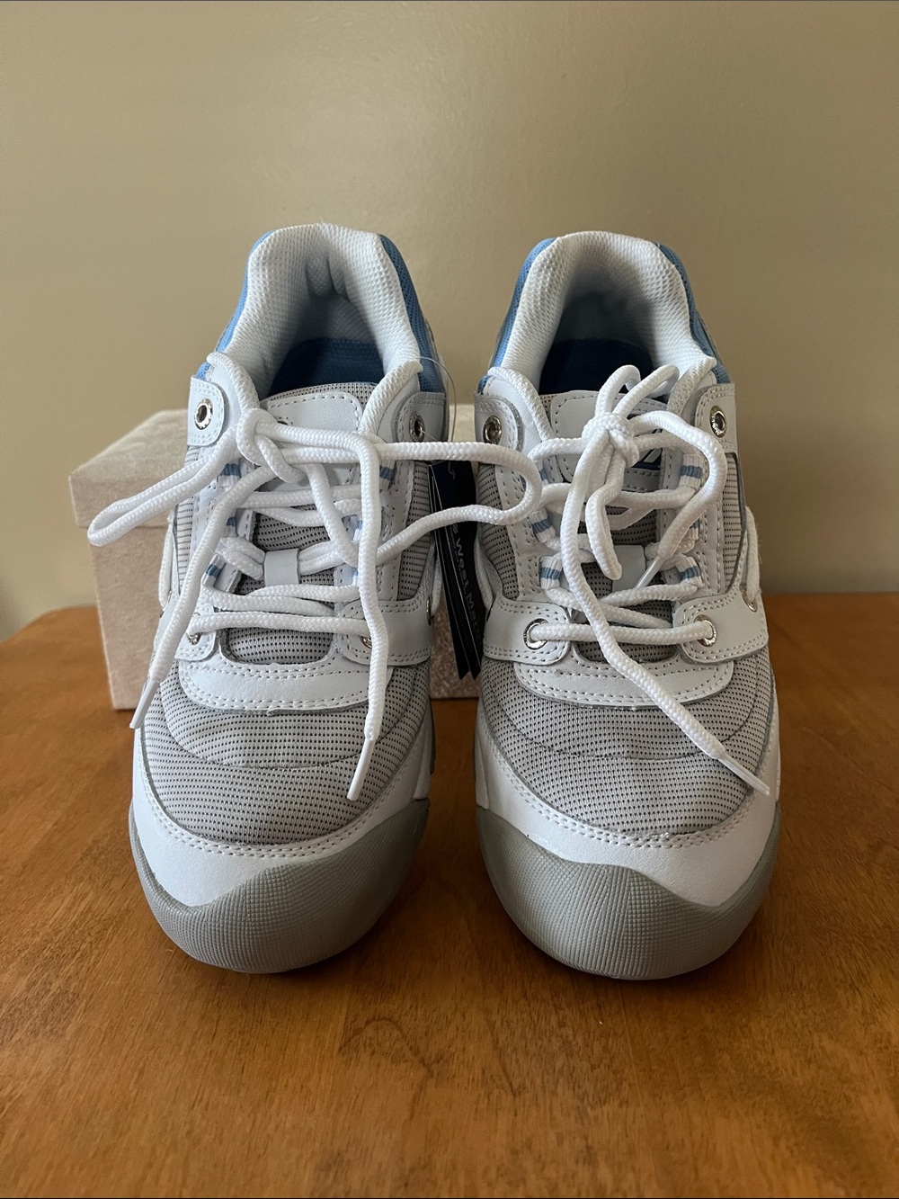 Women’s White Athletic Sneakers with Light Blue Mesh Accents